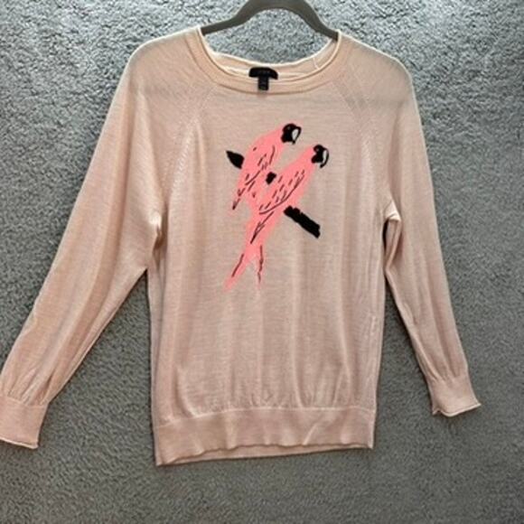 J.Crew Women's Knit Sweater 100% Merino Wool Pink Parrots Crew Neck Lightweight - Picture 6 of 10